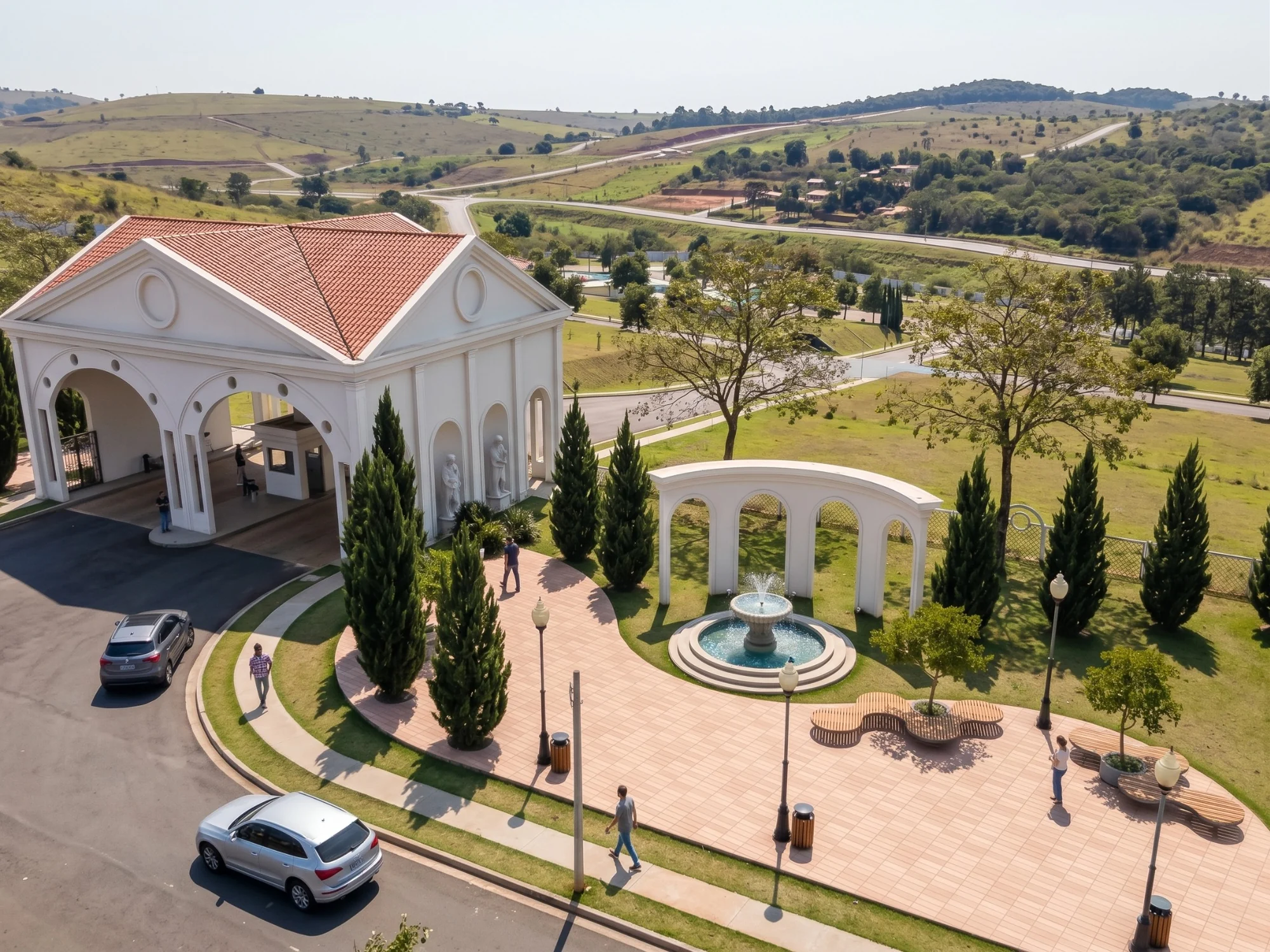 Vista conceitual da entrada e fonte do Villaggio Azzurro